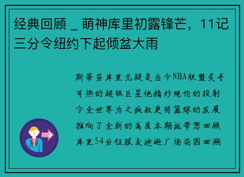 经典回顾 _ 萌神库里初露锋芒，11记三分令纽约下起倾盆大雨